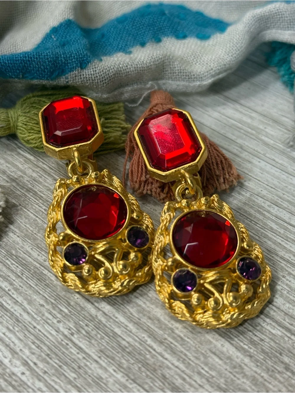 Vintage 90’s Gold-Tone Red Crystal Drop Clip-On Earrings